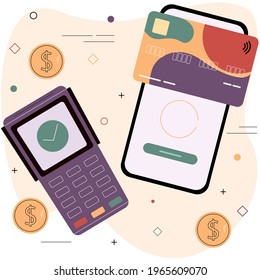 Debit or credit card and electronic payment terminal. Contactless payment system concept. Digital pay technology.For a mobile app, banner or template. Modern vector illustration