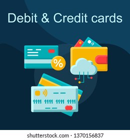 Debit and credit card flat concept vector icon. E banking idea cartoon color illustrations set. E wallet. E payment. Financial transaction. NFC, debit, electronic card. Isolated graphic design element