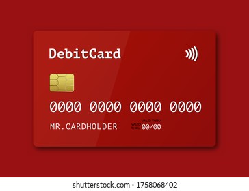 Débito, mofa de la tarjeta de crédito delantera aislada en el fondo rojo. Dinero, símbolo de pago. Ilustración vectorial. EPS 10