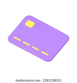 Debit credit card purple plastic electronic currency payment financial banking bill 3d icon realistic vector illustration. Finance e money shopping contactless paying transaction commercial deal