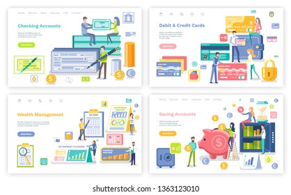 Debit and credit card vector, banking system for users. Pig with money and gold coins of dollar, smart planning with calendars and dates set. Website or webpage template, landing page flat style