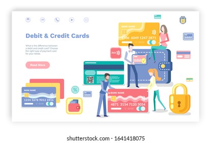 Debit and credit card vector, man and woman with plastic object used to pay for services. People with banking system, secure lock for finances. Website or webpage template, landing page flat style