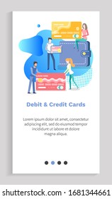 Debit and credit card vector, man and woman with plastic object and info about holder, people using banking system, abstract design and text. Website or app slider template, landing page flat style
