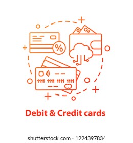 Debit and credit cards concept icon. Banking. Financial transactions. Finance management idea thin line illustration. Vector isolated outline drawing