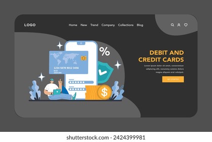 Debit and Credit Cards night or dark mode web or landing page. Streamlined financial transactions and secure card management in the digital age. Empowering consumers with choice. Vector illustration.