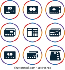 debit icons set. Set of 9 debit filled icons such as credit card, card, ATM