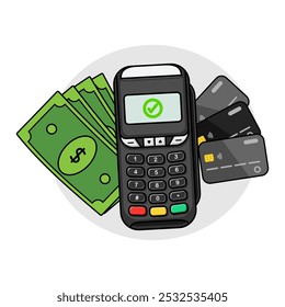 Debit payment machine, Money, and Debit card vector illustration. Illustration of Payment with Credit card and Money concept. Pos machine and bank card Vector Isolated on white.