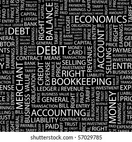 DEBIT. Seamless vector pattern with word cloud. Illustration with different association terms.