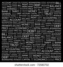 DEBIT. Word collage on black background. Vector illustration. Illustration with different association terms.