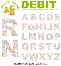 DEBIT. Wordcloud alphabet with different association terms.