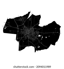 Debrecen, Hungary, high resolution vector map with city boundaries, and editable paths. The city map was drawn with white areas and lines for main roads, side roads and watercourses.