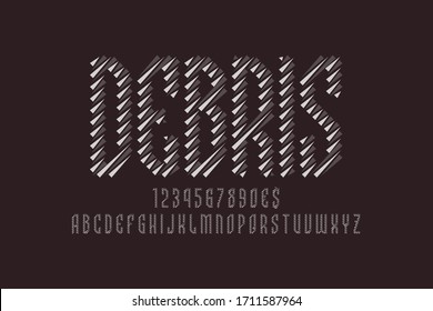 Debris artistic display font. Bicolor letters, numbers and currency signs. Isolated english alphabet. Vector monochrome lettering.