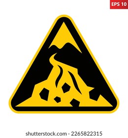 Debris flow zone warning sign. Vector illustration of yellow triangle sign with stone avalanche icon inside. Caution landslide, rockfall. Hazard symbol. Dangerous area. Natural disaster.