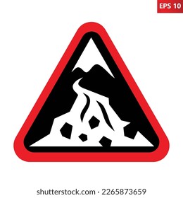 Debris flow zone warning sign. Vector illustration of red triangle sign with stone avalanche icon inside. Hazard symbol. Dangerous area. Natural disaster. Caution landslide, rockfall.