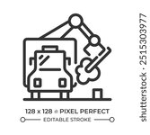 Debris hauling linear icon. Waste management. Garbage truck and tree. Logging and forestry. Public service. Thin line illustration. Contour symbol. Vector outline drawing. Editable stroke