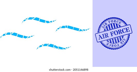 Debris mosaic air icon, and blue round AIR FORCE textured stamp seal with word inside round shape. Air mosaic icon of debris elements which have various sizes, and positions, and color tones.