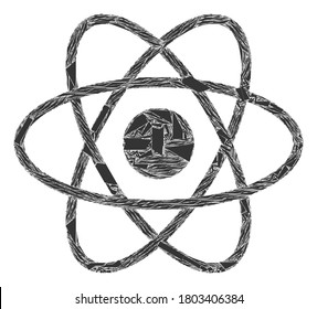 Debris mosaic atom icon. Atom mosaic icon of spall elements which have randomized sizes, and positions, and color tints. Vector combination for abstract images.