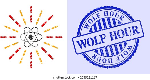 Debris mosaic atomic radiation icon, and blue round WOLF HOUR rough stamp seal with tag inside round form. Atomic radiation mosaic icon of shard items which have variable sizes, and positions,