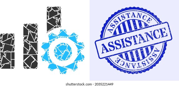 Debris mosaic bar chart settings icon, and blue round ASSISTANCE unclean stamp seal with caption inside round form. Bar chart settings mosaic icon of shards parts which have variable sizes,