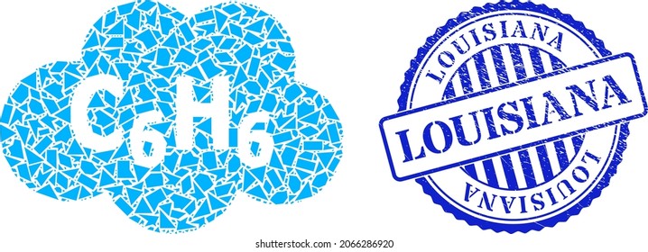Debris-Mosaik-Benzol-Cloud-Symbol und blauer runder LOUISIANA-Gummistempel mit Text in runder Form. Benzolwolke-Mosaiksymbol von Trümmerpartikeln mit unterschiedlichen Größen und Positionen,