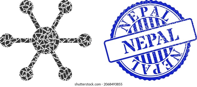 Debris mosaic central node icon, and blue round NEPAL grunge seal with text inside round shape. Central node mosaic icon of shards parts which have various sizes, and positions, and color tinges.