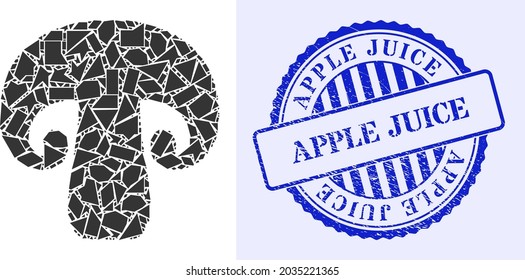 Debris mosaic champignon mushroom icon, and blue round APPLE JUICE unclean seal with tag inside round shape. Champignon mushroom mosaic icon of fraction particles which have different sizes,
