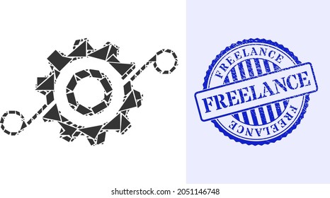 Debris mosaic cog solution icon, and blue round FREELANCE unclean stamp with text inside round form. Cog solution collage icon of debris items which have various sizes, and positions,
