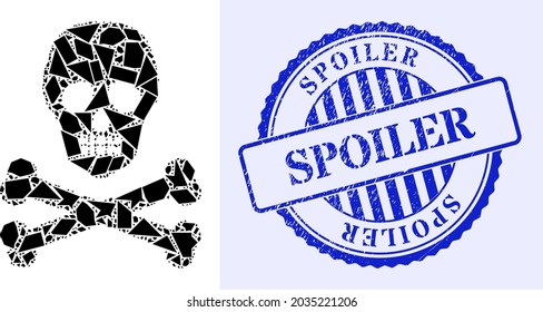 Debris mosaic death skull icon, and blue round SPOILER corroded stamp seal with tag inside round shape. Death skull collage icon of debris items which have variable sizes, and positions,