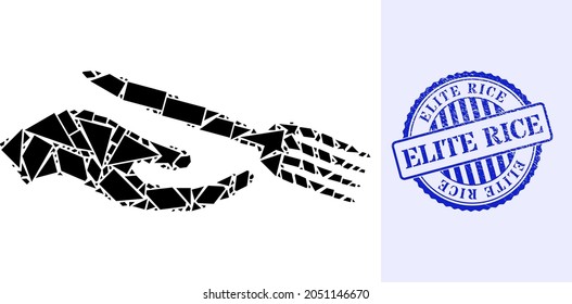 Debris mosaic dining etiquette icon, and blue round ELITE RICE unclean stamp seal with tag inside round shape. Dining etiquette mosaic icon of detritus elements which have randomized sizes,