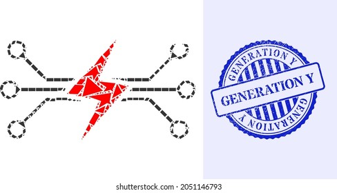 Debris Mosaic Energy Circuit Icon, And Blue Round GENERATION Y Rough Stamp With Tag Inside Round Shape. Energy Circuit Mosaic Icon Of Fraction Parts Which Have Various Sizes, And Positions,