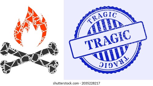 Debris mosaic hell fire bones icon, and blue round TRAGIC grunge stamp imitation with caption inside circle form. Hell fire bones mosaic icon of fraction parts which have various sizes, and positions,