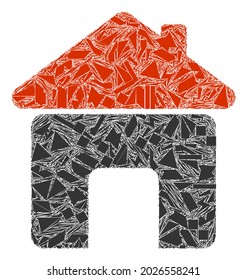 Debris mosaic house icon. House mosaic icon of debris items which have different sizes, and positions, and color shades. Vector composition for abstract images.