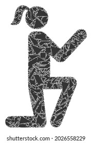 Debris mosaic knee standing girl icon. Knee standing girl collage icon of debris items which have randomized sizes, and positions, and color hues. Vector combination for abstract images.