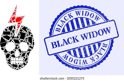 Debris mosaic mortal electricity icon, and blue round BLACK WIDOW unclean stamp seal with word inside round form. Mortal electricity mosaic icon of spall items which have variable sizes,