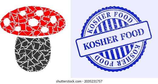 Debris mosaic mushroom icon, and blue round KOSHER FOOD rubber stamp seal with caption inside circle shape. Mushroom collage icon of detritus particles which have variable sizes, and positions,