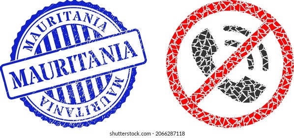 Debris mosaic no phone calls icon, and blue round MAURITANIA grunge stamp with tag inside round shape. No phone calls mosaic icon of fragment elements which have different sizes, and positions,