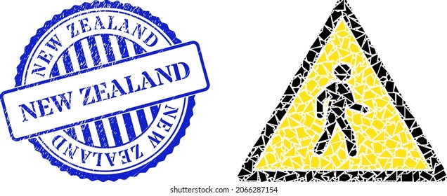 Debris mosaic pedestrian man danger icon, and blue round NEW ZEALAND grunge stamp print with caption inside round form. Pedestrian man danger mosaic icon of shards elements which have different sizes,
