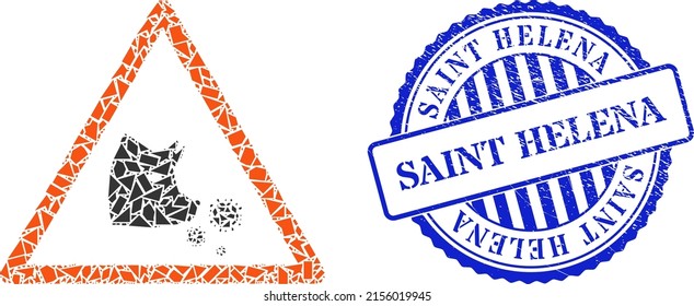 Debris mosaic pork flu warning icon, and blue round SAINT HELENA scratched stamp seal with word inside round shape. Pork flu warning mosaic icon of shard parts which have different sizes,