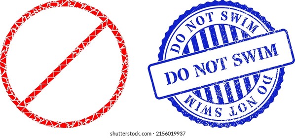 Debris mosaic prohibited icon, and blue round DO NOT SWIM grunge stamp seal with tag inside round form. Prohibited mosaic icon of debris items which have variable sizes, and positions,