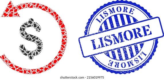 Debris mosaic refund icon, and blue round LISMORE grunge stamp imitation with tag inside round form. Refund mosaic icon of spall elements which have randomized sizes, and positions, and color shades.