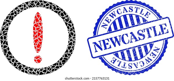 Debris mosaic round warning icon, and blue round NEWCASTLE rubber print with caption inside round shape. Round warning mosaic icon of shatter particles which have different sizes,