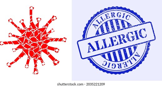 Debris mosaic sars virus icon, and blue round ALLERGIC rubber stamp seal with tag inside round form. Sars virus mosaic icon of debris items which have randomized sizes, and positions,