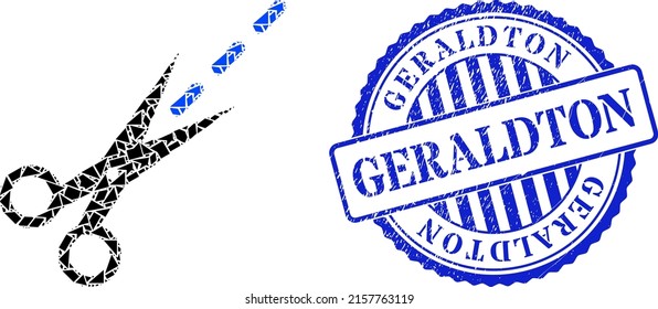 Icono de la línea de las tijeras de mosaico de escombros y goma de grunge de color azul redondeada GERALDTON con la palabra en forma redonda. Icono de mosaico de la línea de las tijeras de los elementos de escombros que tienen diferentes tamaños y posiciones,