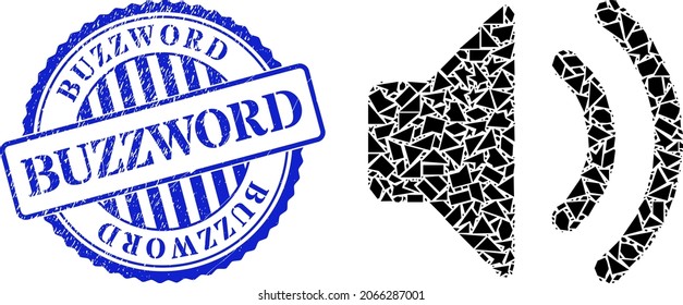Debris mosaic sound source icon, and blue round BUZZWORD rough stamp imitation with text inside round shape. Sound source collage icon of shard parts which have randomized sizes, and positions,