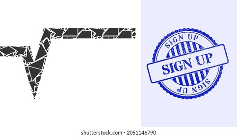 Debris mosaic square root icon, and blue round SIGN UP dirty stamp with text inside round shape. Square root mosaic icon of debris parts which have randomized sizes, and positions, and color shades.