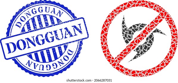 Debris mosaic stop hurricane icon, and blue round DONGGUAN grunge stamp with word inside circle shape. Stop hurricane mosaic icon of spall parts which have variable sizes, and positions,