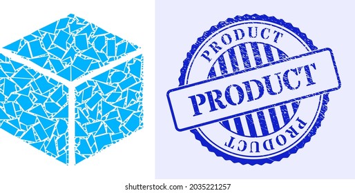 Debris mosaic sugar cube icon, and blue round PRODUCT grunge stamp seal with caption inside round form. Sugar cube mosaic icon of shards parts which have various sizes, and positions, and color hues.