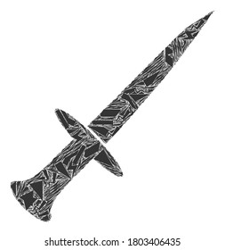 Debris mosaic sword icon. Sword mosaic icon of debris items which have variable sizes, and positions, and color hues. Vector composition for abstract images.