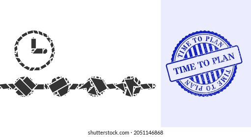 Debris mosaic timeline icon, and blue round TIME TO PLAN grunge stamp with word inside round shape. Timeline collage icon of debris particles which have different sizes, and positions,