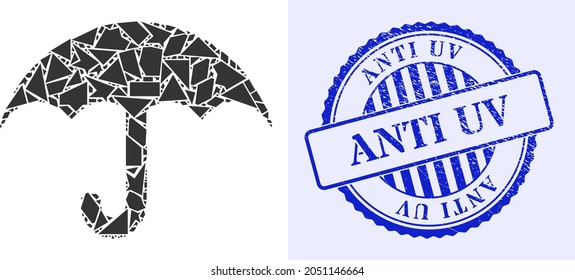 Debris mosaic umbrella icon, and blue round ANTI UV corroded stamp seal with caption inside circle form. Umbrella mosaic icon of shards items which have randomized sizes, and positions,